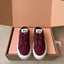 WASH SNEAKER MULES IN BURGUNDY RED DENIM STRIPED LACES