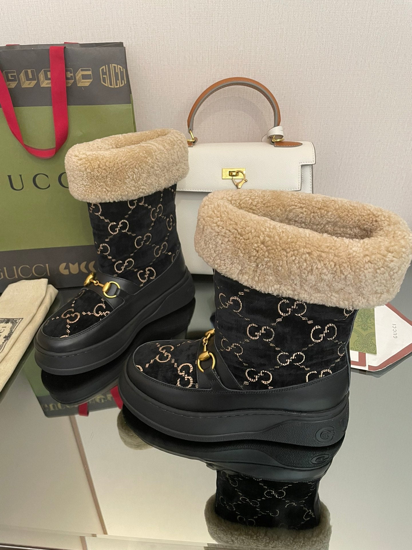 HORSEBIT SNOW ANKLE BOOTS IN BLACK MONOGRAM VELVET MIX CALFSKIN AND LAMB WOOL LINING