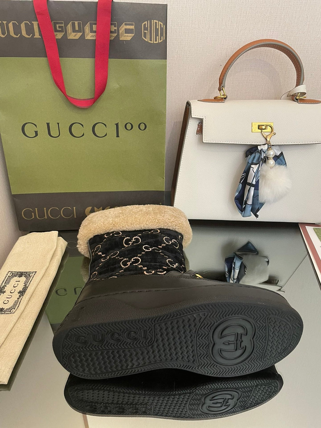 HORSEBIT SNOW ANKLE BOOTS IN BLACK MONOGRAM VELVET MIX CALFSKIN AND LAMB WOOL LINING