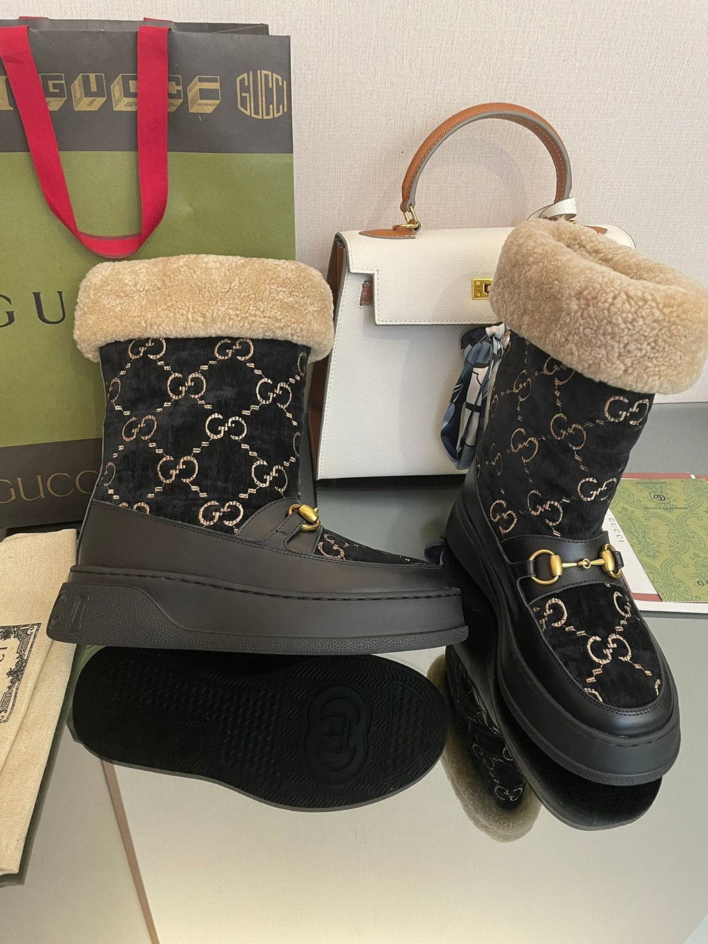 HORSEBIT SNOW ANKLE BOOTS IN BLACK MONOGRAM VELVET MIX CALFSKIN AND LAMB WOOL LINING