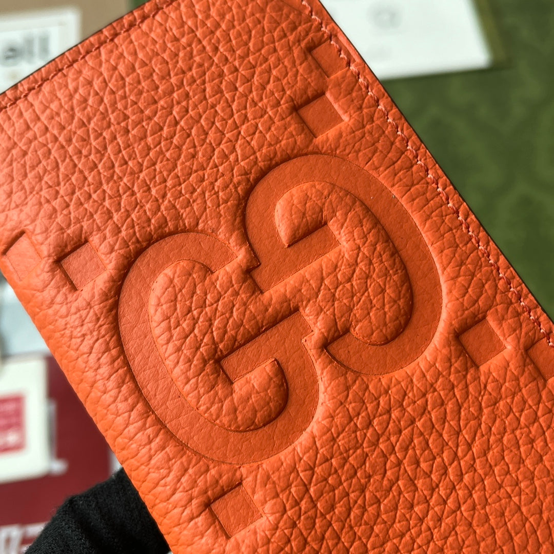 CARD HOLDER 12 IN ORANGE EMBOSSED CALFSKIN