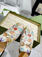 HORSEBIT SLIPPER MULE WITH CUTE ANIMAL PRINT IN WHITE CALFSKIN