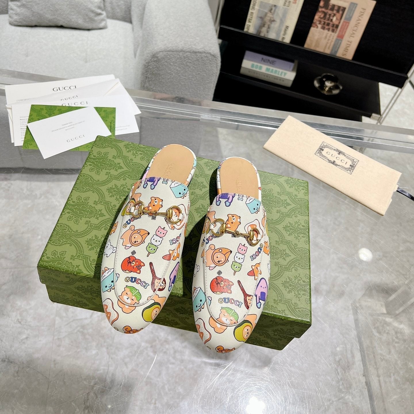 HORSEBIT SLIPPER MULE WITH CUTE ANIMAL PRINT IN WHITE CALFSKIN