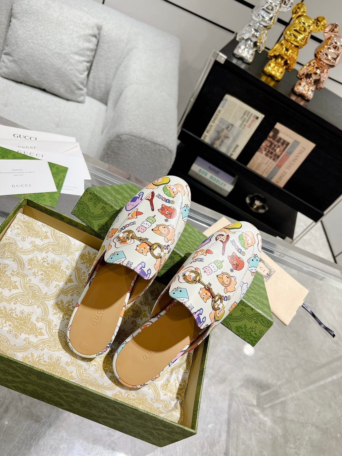 HORSEBIT SLIPPER MULE WITH CUTE ANIMAL PRINT IN WHITE CALFSKIN