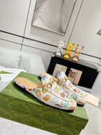 HORSEBIT SLIPPER MULE WITH CUTE ANIMAL PRINT IN WHITE CALFSKIN