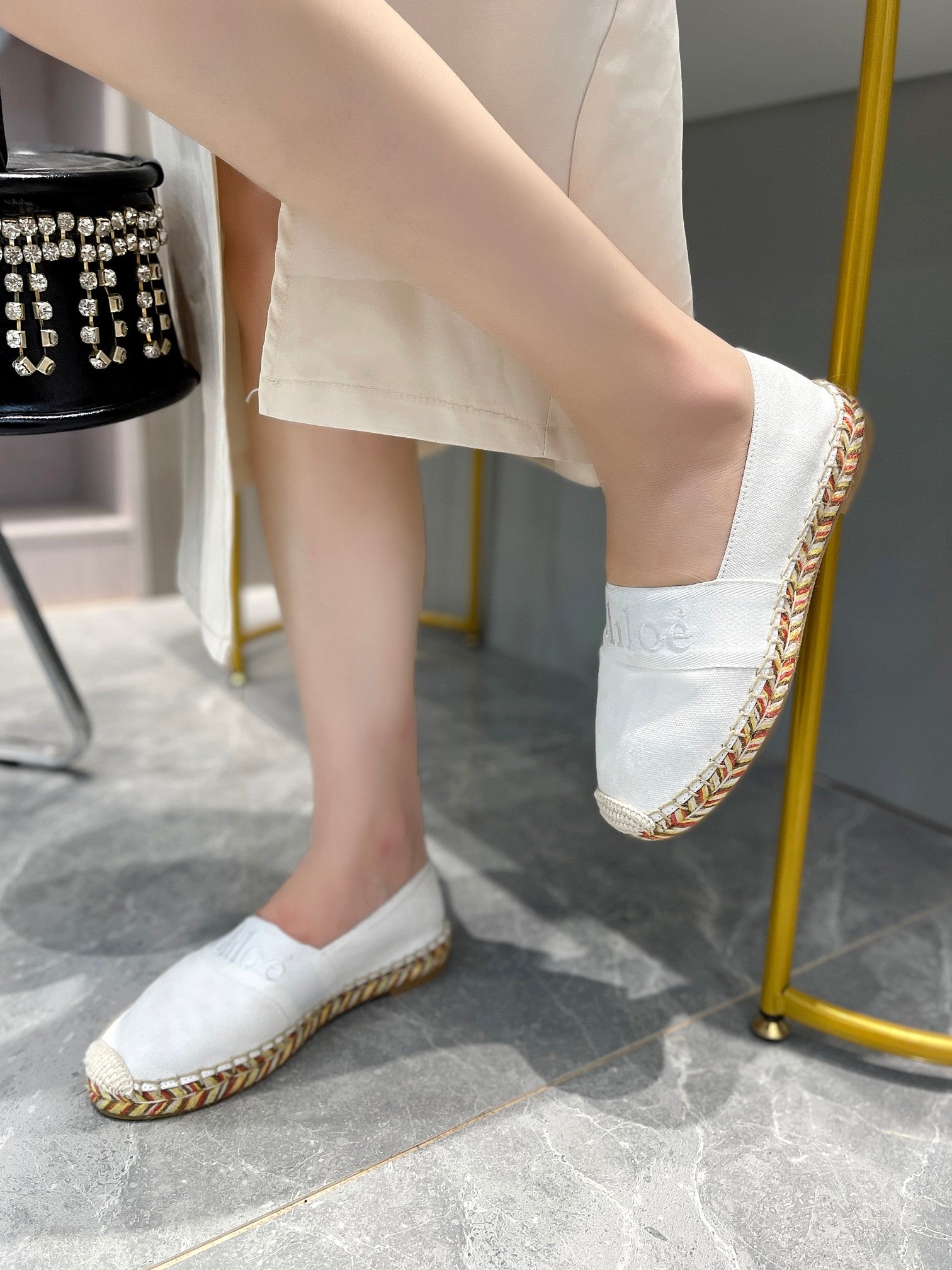 LOAFERS IN WHITE FABRIC AND RAFFIA