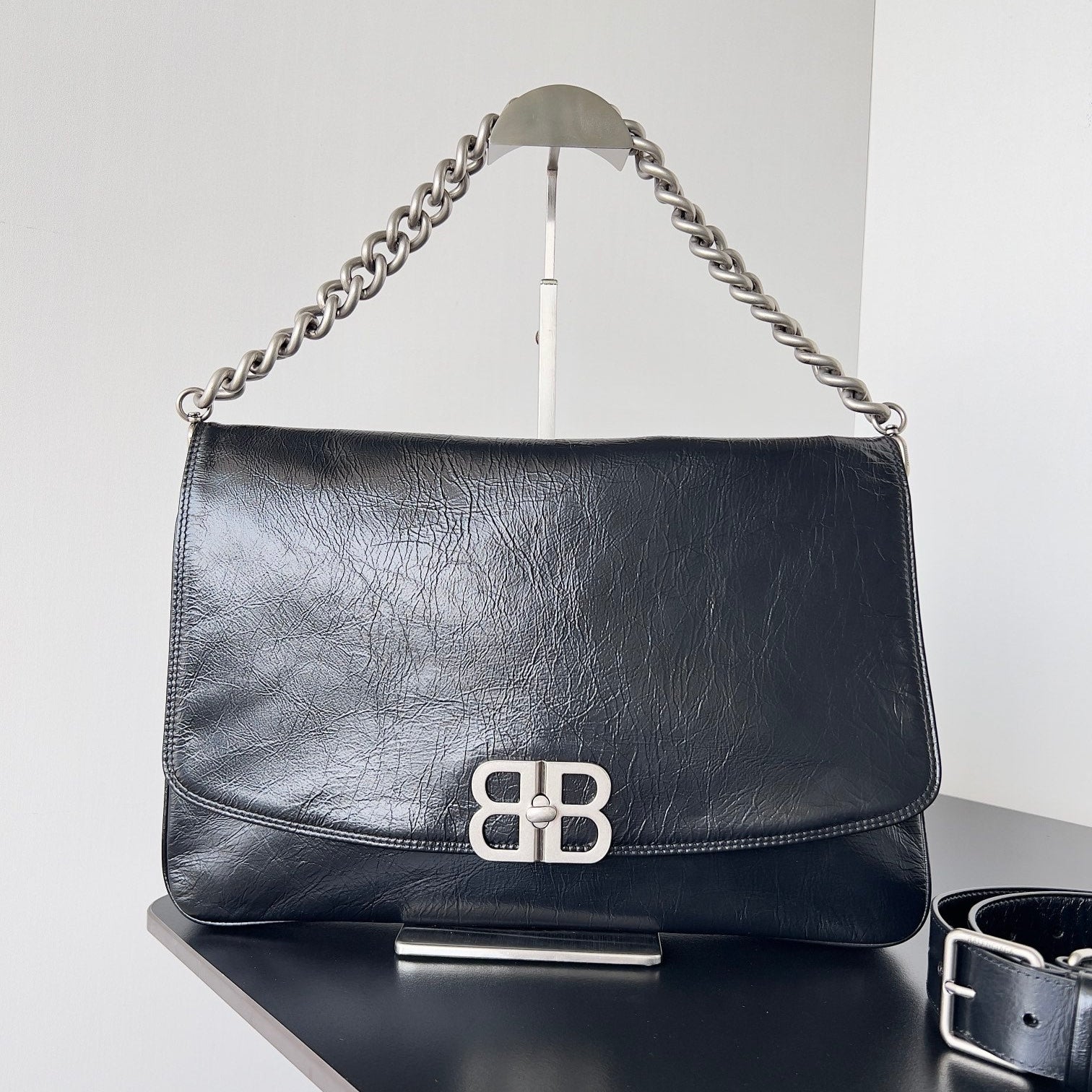 BB SOFT FLAP BAG 36 IN BLACK PEACH CALFSKIN SILVER HARDWARE