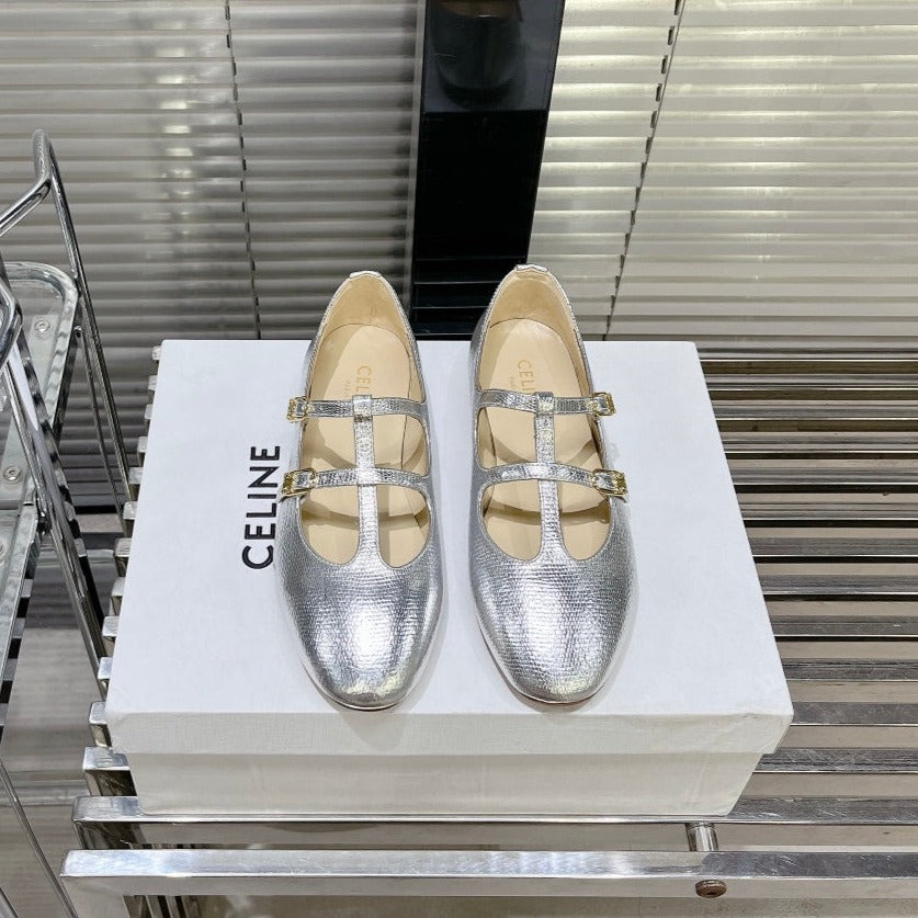 FLAT SANDALS WITH DOUBLE STRAP-DESIGN LEATHER SILVER Main image