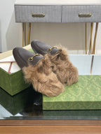 HORSEBIT MULE IN MOCHA BROWN CALFSKIN AND LAMB WOOL LINING