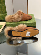 HORSEBIT MULE IN BRONZE BROWN SUEDE AND LAMB WOOL LINING