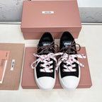 WASHED-DENIM SNEAKERS IN BLACK CANVAS WITH BROWN AND STRIPED LACES