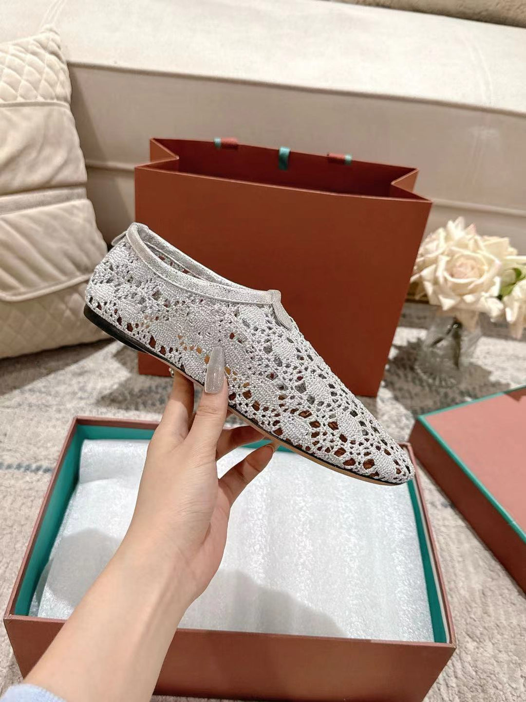 FLAT SHOES 25 IN PAPER WHITE MESH FABRIC
