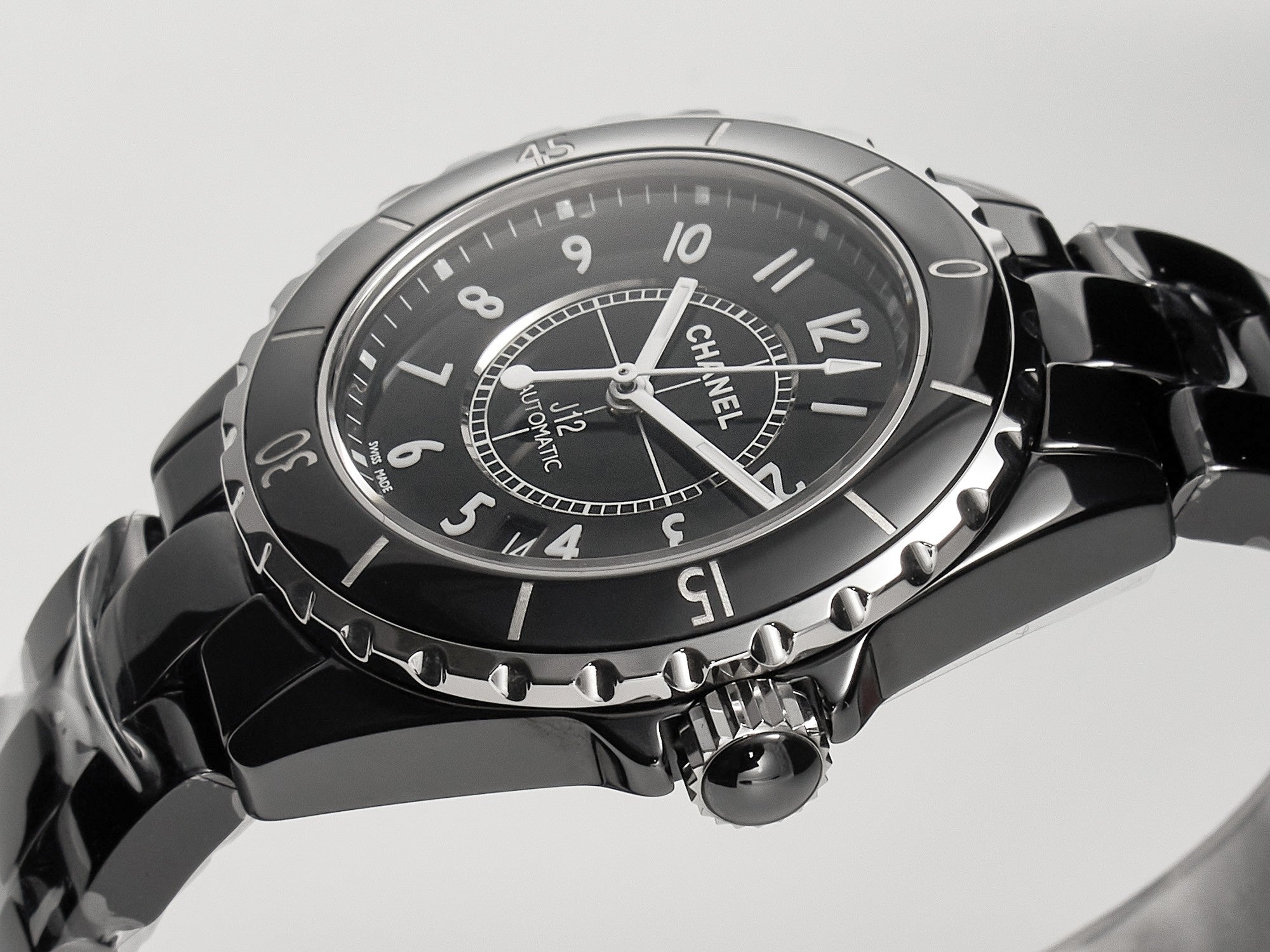 J12 Date Automatic Black Ceramic White Numerals Black Dial White Steel Hands