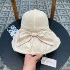 IVORY BEIGE STRAW BUCKET HAT WITH BOW FABRIC BORDER 439645