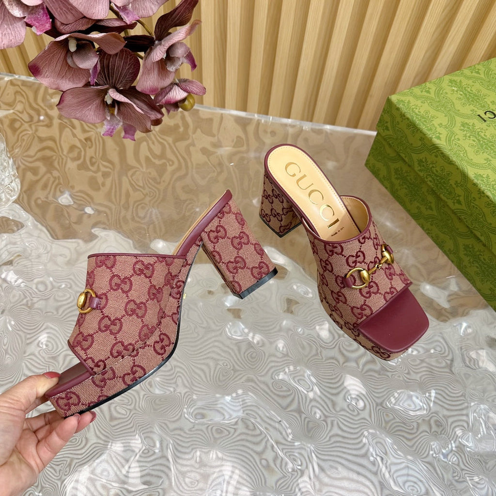 HORSEBIT SLIDE SANDAL IN WINE RED MONOGRAM CANVAS AND SHEEPSKIN LINING