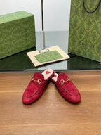 HORSEBIT MULE IN CHERRY RED SUEDE WITH GOLD HARDWARE