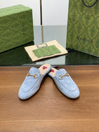 HORSEBIT MULE IN LIGHT BLUE SUEDE WITH GOLD HARDWARE