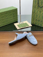 HORSEBIT MULE IN LIGHT BLUE SUEDE WITH GOLD HARDWARE