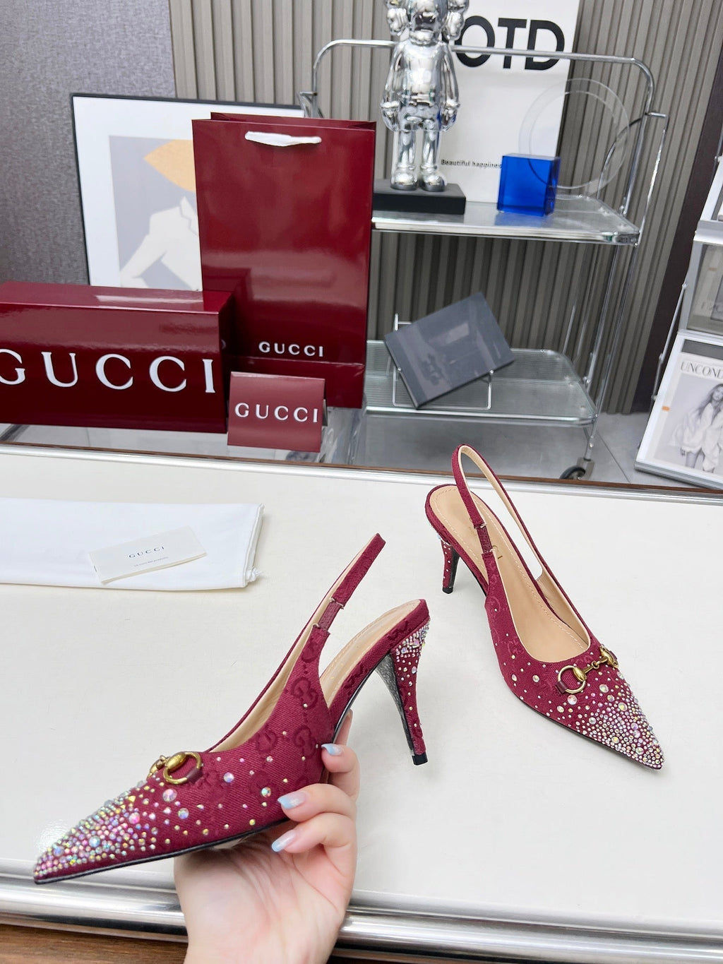 HORSEBIT SLINGBACKS IN CHERRY RED MONOGRAM FABRIC WITH CRYSTALS