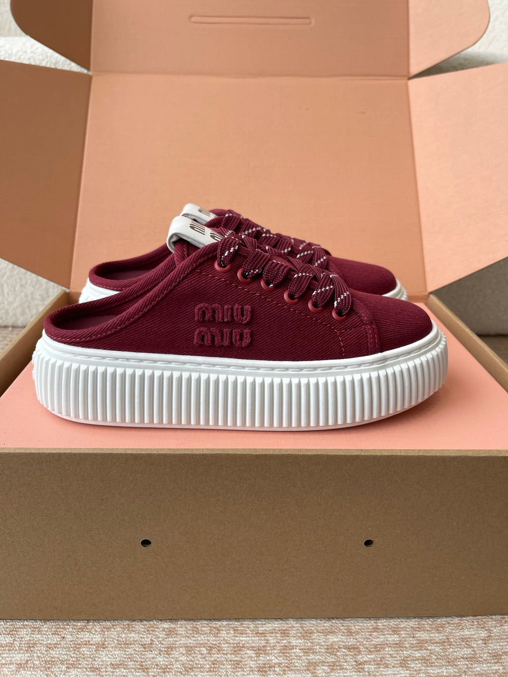 WASH SNEAKER MULES IN BURGUNDY RED DENIM STRIPED LACES