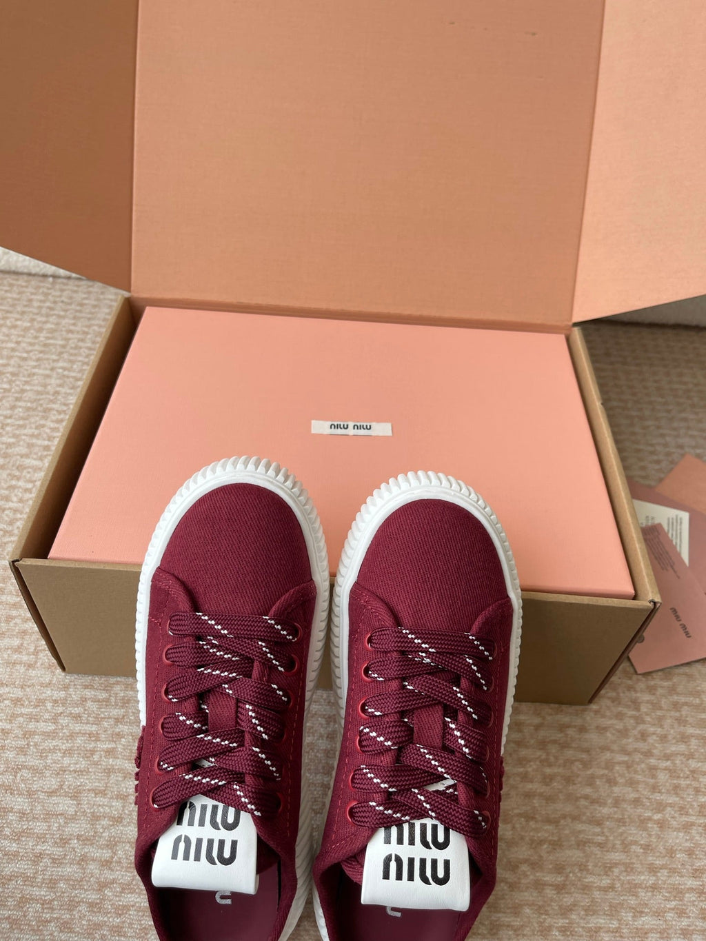 WASH SNEAKER MULES IN BURGUNDY RED DENIM STRIPED LACES