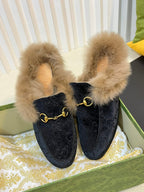 HORSEBIT MULE IN BLACK MONOGRAM VELVET AND LAMB WOOL LINING