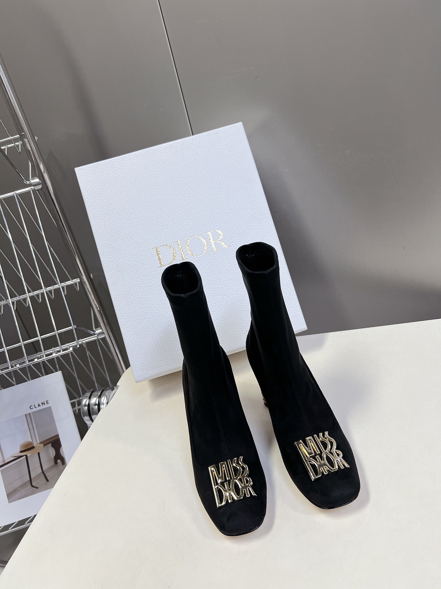 ICON HEELED ANKLE BOOT BLACK SUEDE 8 CM WITH GOLD LOGO